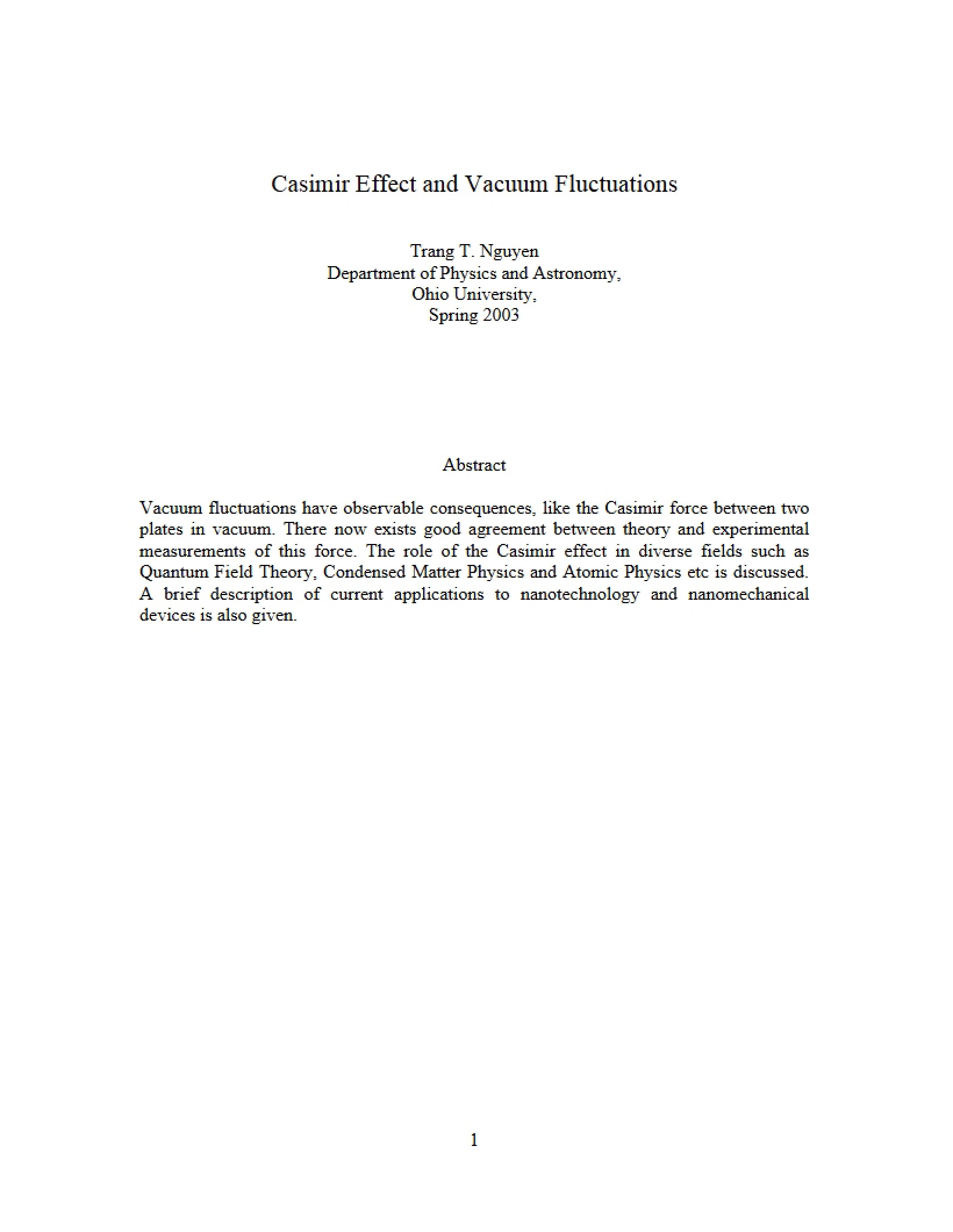 Vacuum Fluctuations and Casimir Effect