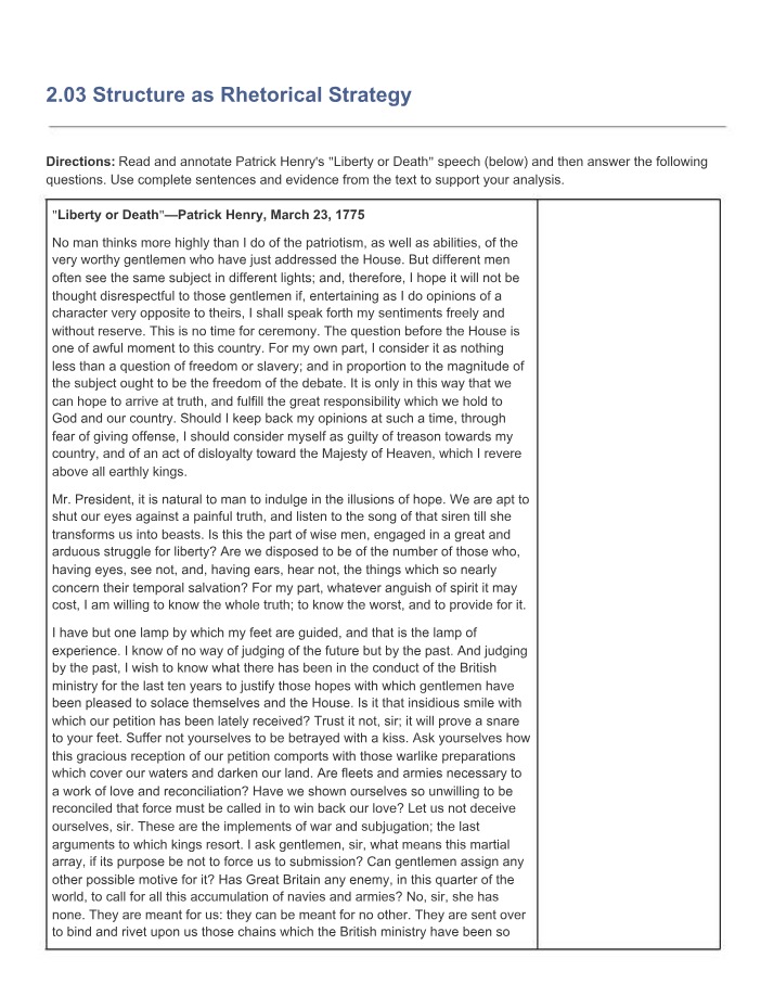 Analysis of Patrick Henry's Liberty or Death Speech