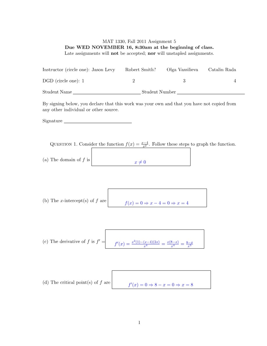 Assignment 5 Solutions - Fall 2011 MAT 1330