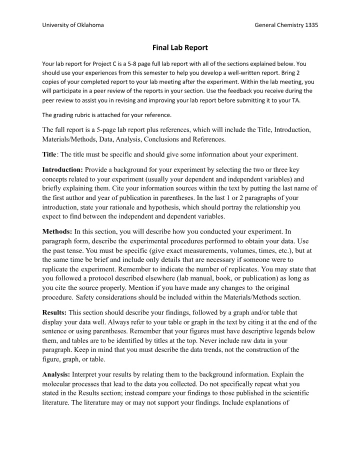 Lab Report Writing for General Chemistry 1335
