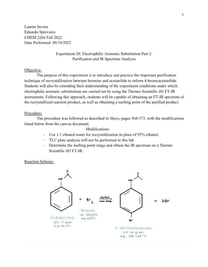 Purification and IR Analysis for Electrophilic Aromatic Substitution