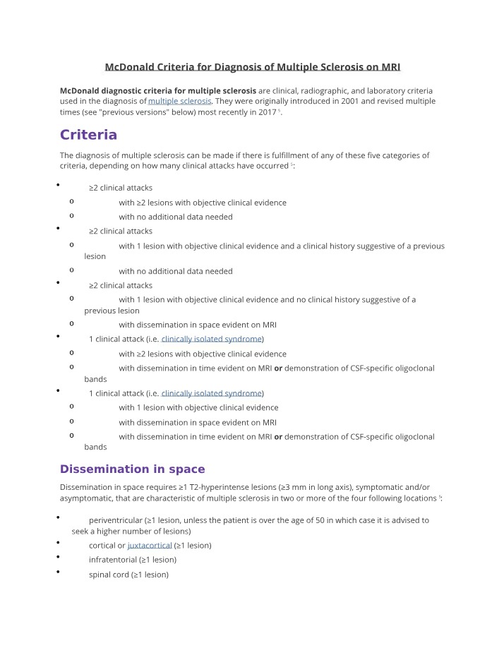 McDonald Criteria for MRI Diagnosis of Multiple Sclerosis