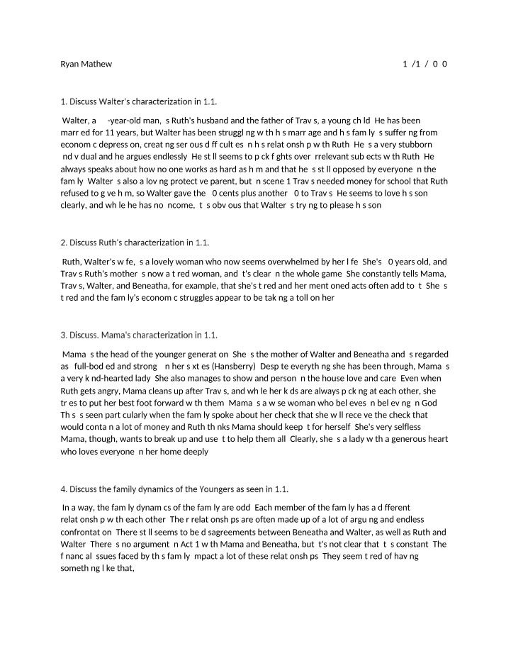 Character and Family Dynamics in A Raisin in the Sun