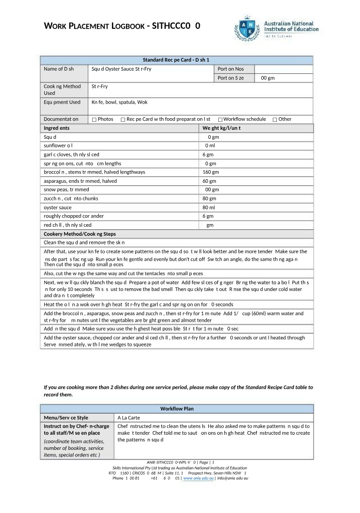Squid Oyster Sauce Stir-Fry - Work Placement Logbook and Recipe