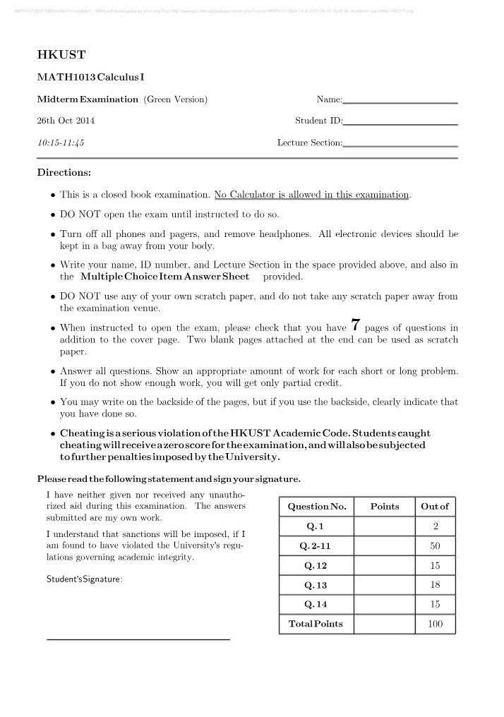 Midterm Examination Green Version - MATH1013 Calculus I 2014