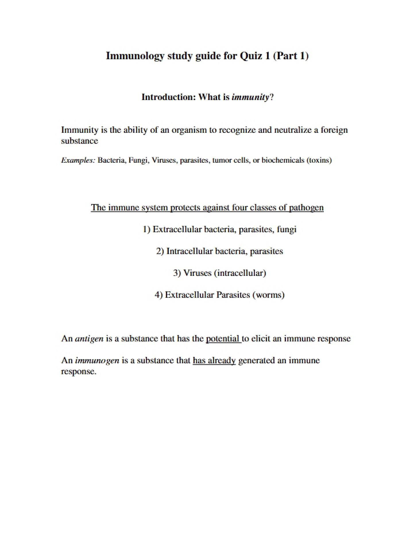 Quiz 1 Study Guide Immunology (Part 1)