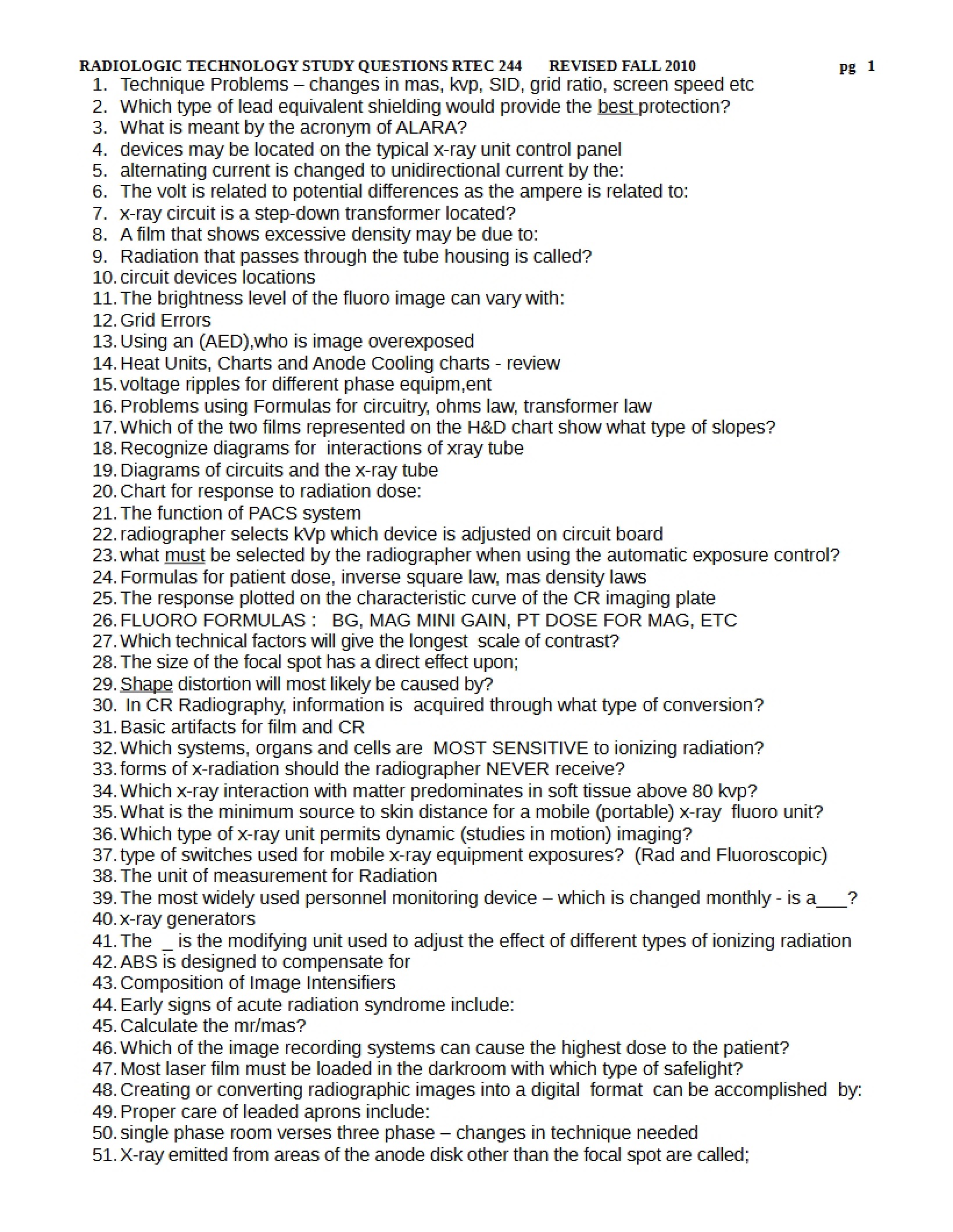 Study Questions for Radiologic Technology