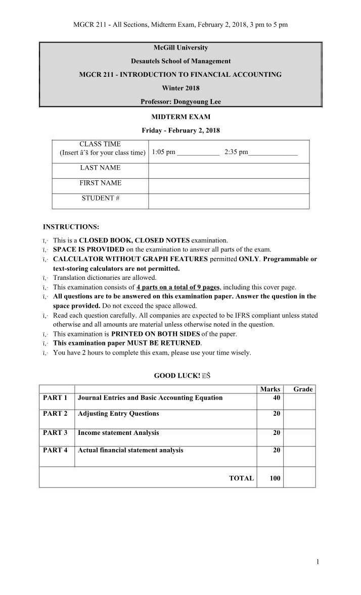 Journal Entries and Basic Accounting - MGCR 211 Midterm Exam