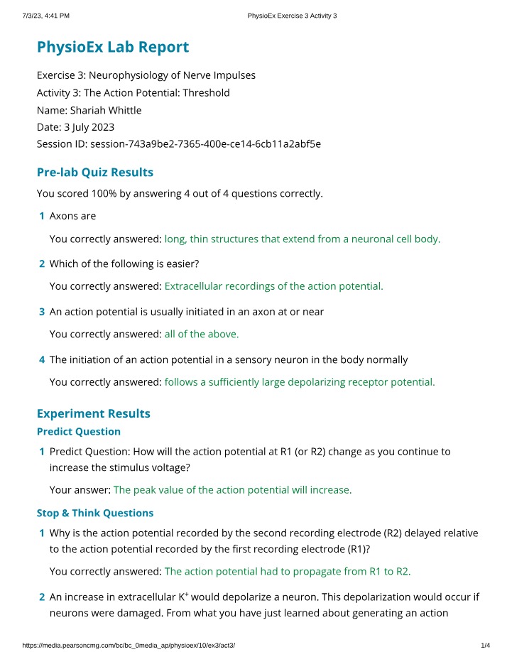 The Action Potential Threshold - PhysioEx Lab Report