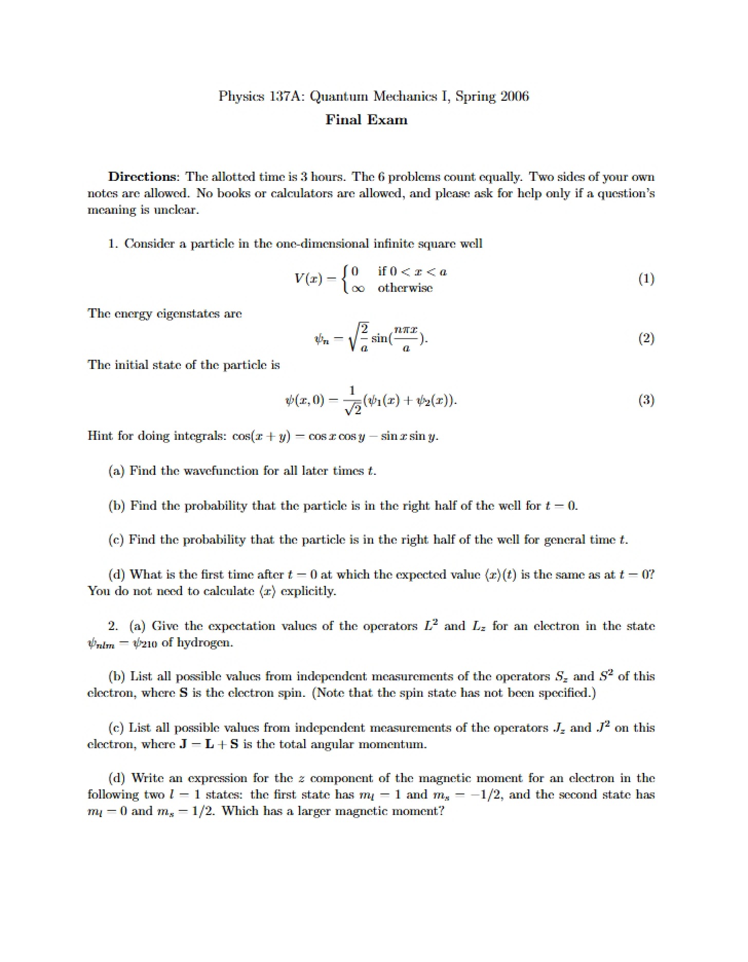 Final Examination Physics 137A
