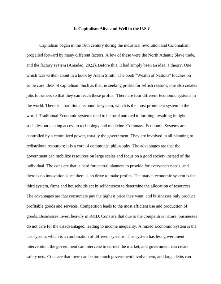 Capitalism in the U.S. - Is it Alive and Well
