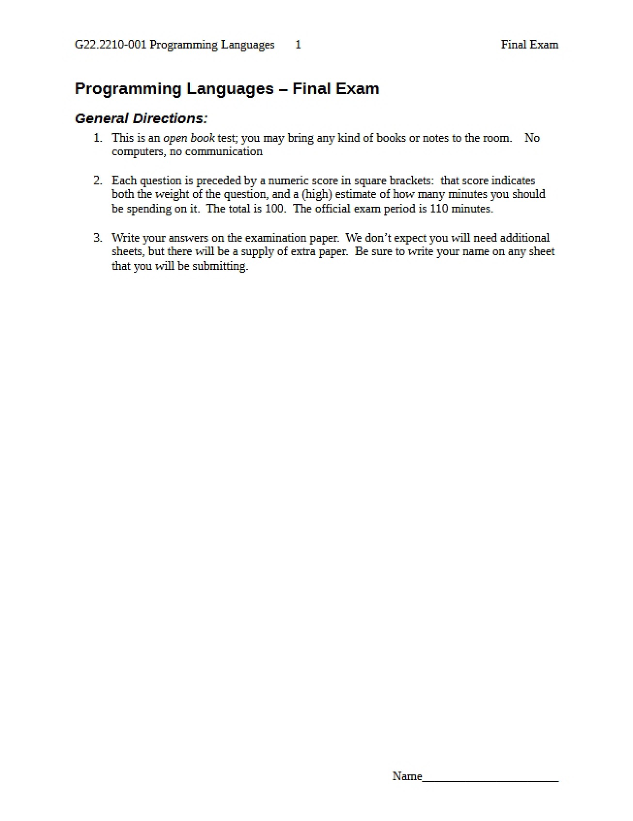 Final Exam for Programming Languages