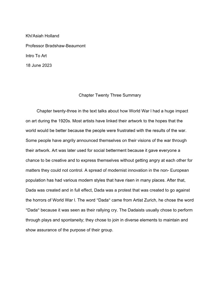 World War I Impact on Art - Chapter 23 Summary