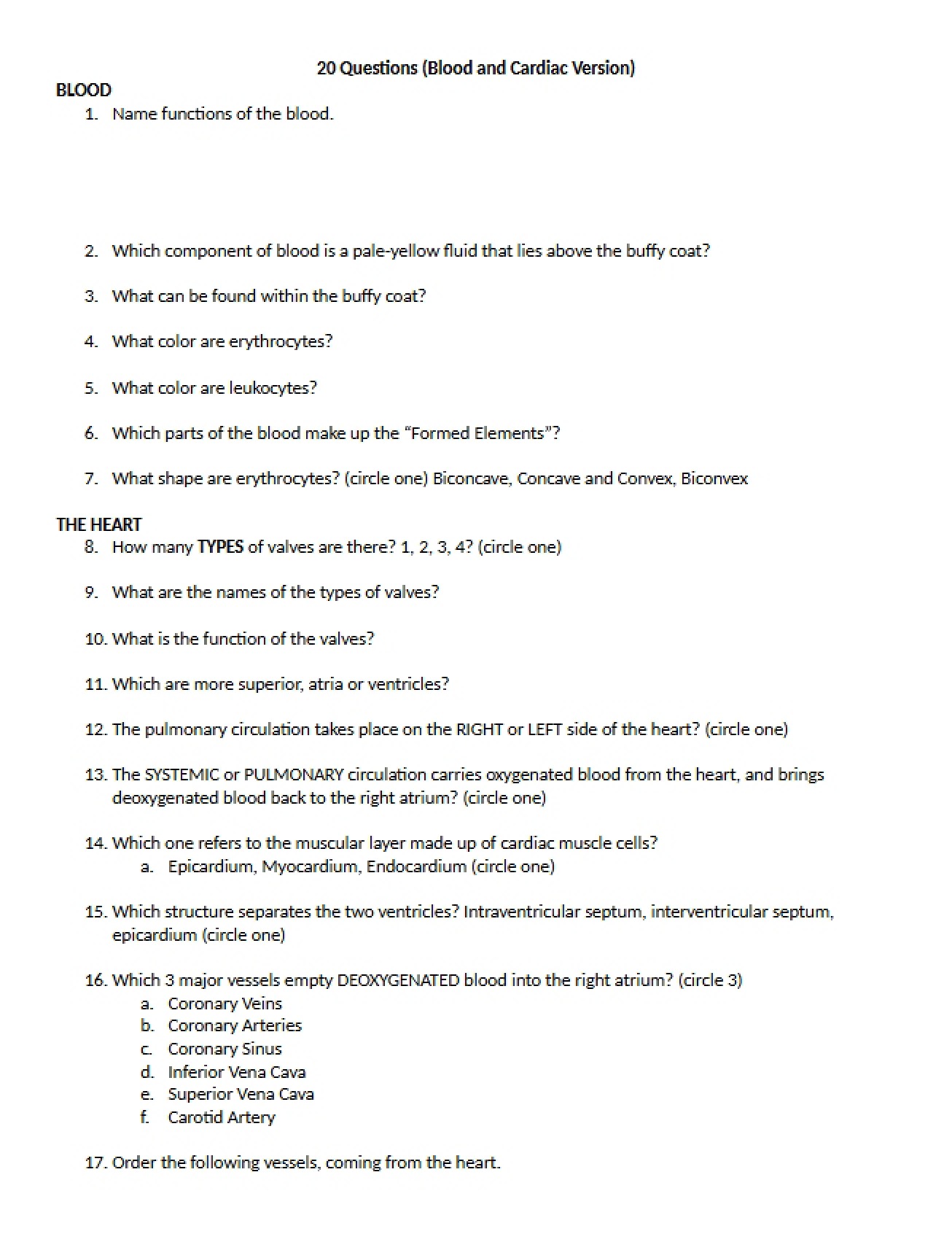 Blood and Cardiac Review Twenty Questions