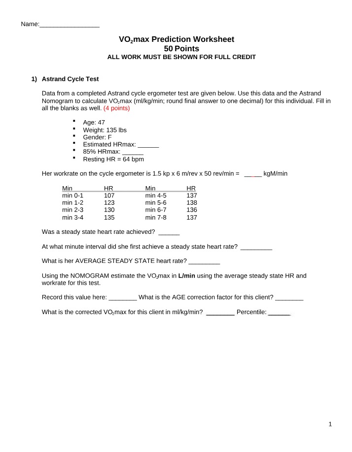 Worksheet for VO2max Prediction
