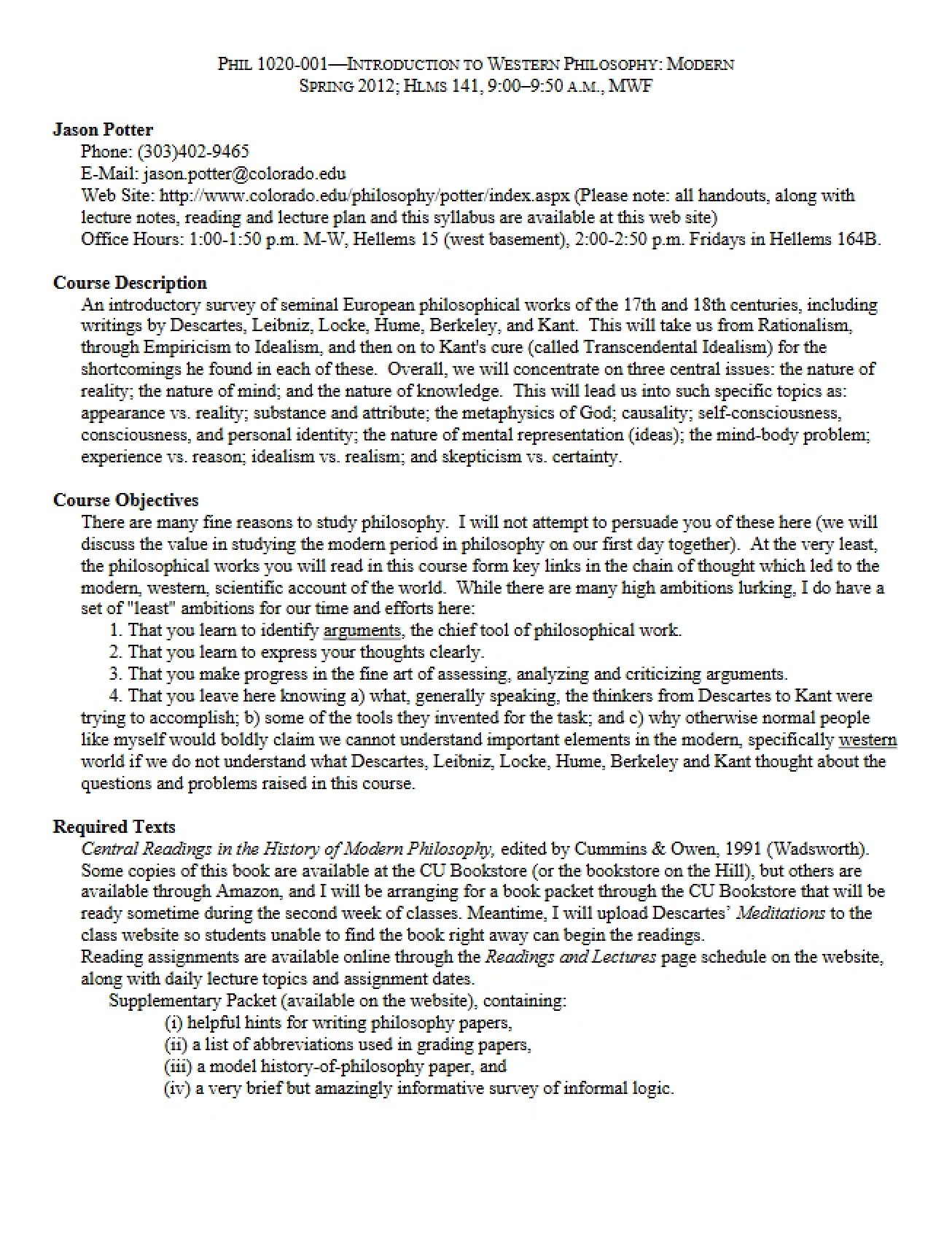 Syllabus for Introduction to Western Philosophy Modern (Second Instance)