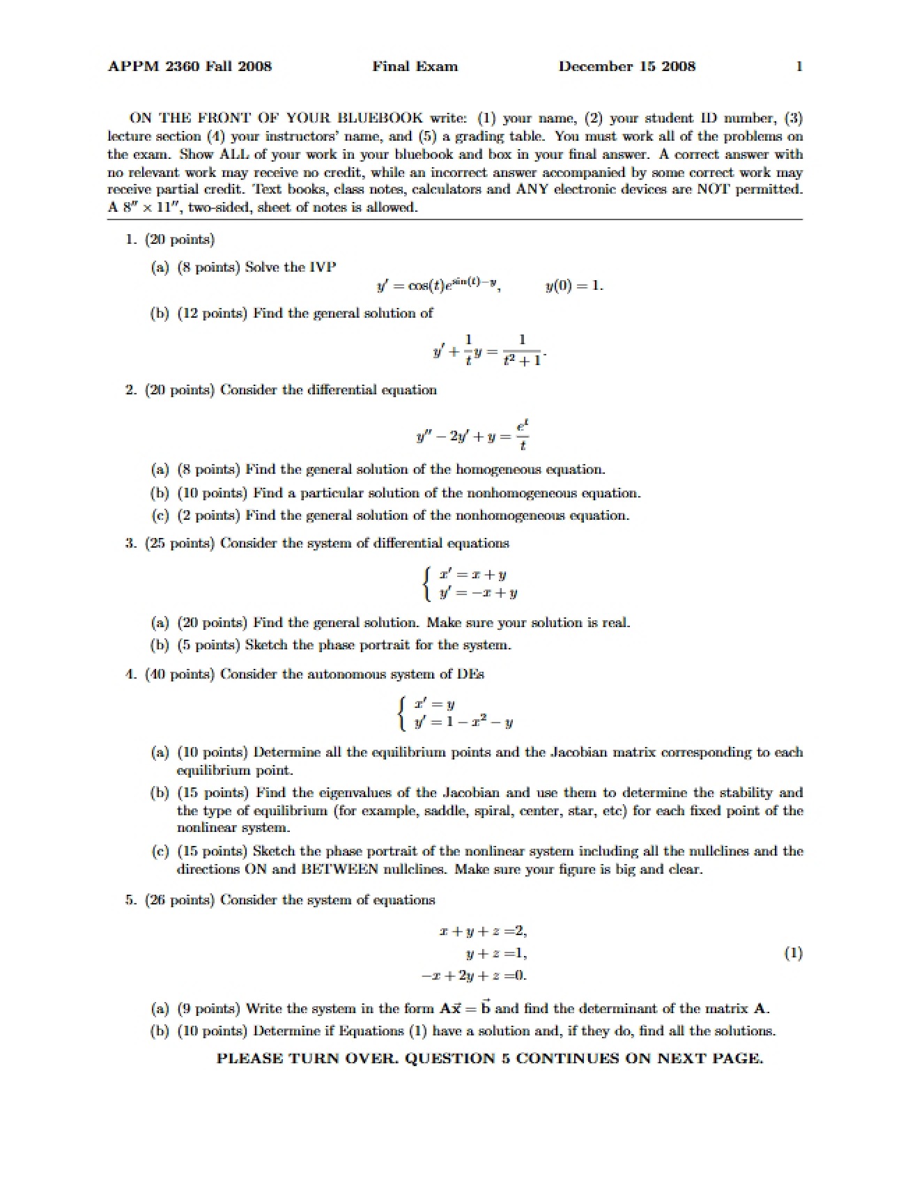 First Final Exam in Differential Equations, Part C