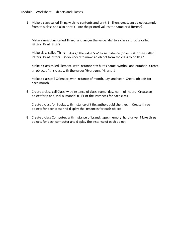 Objects and Classes Worksheet - Module 9