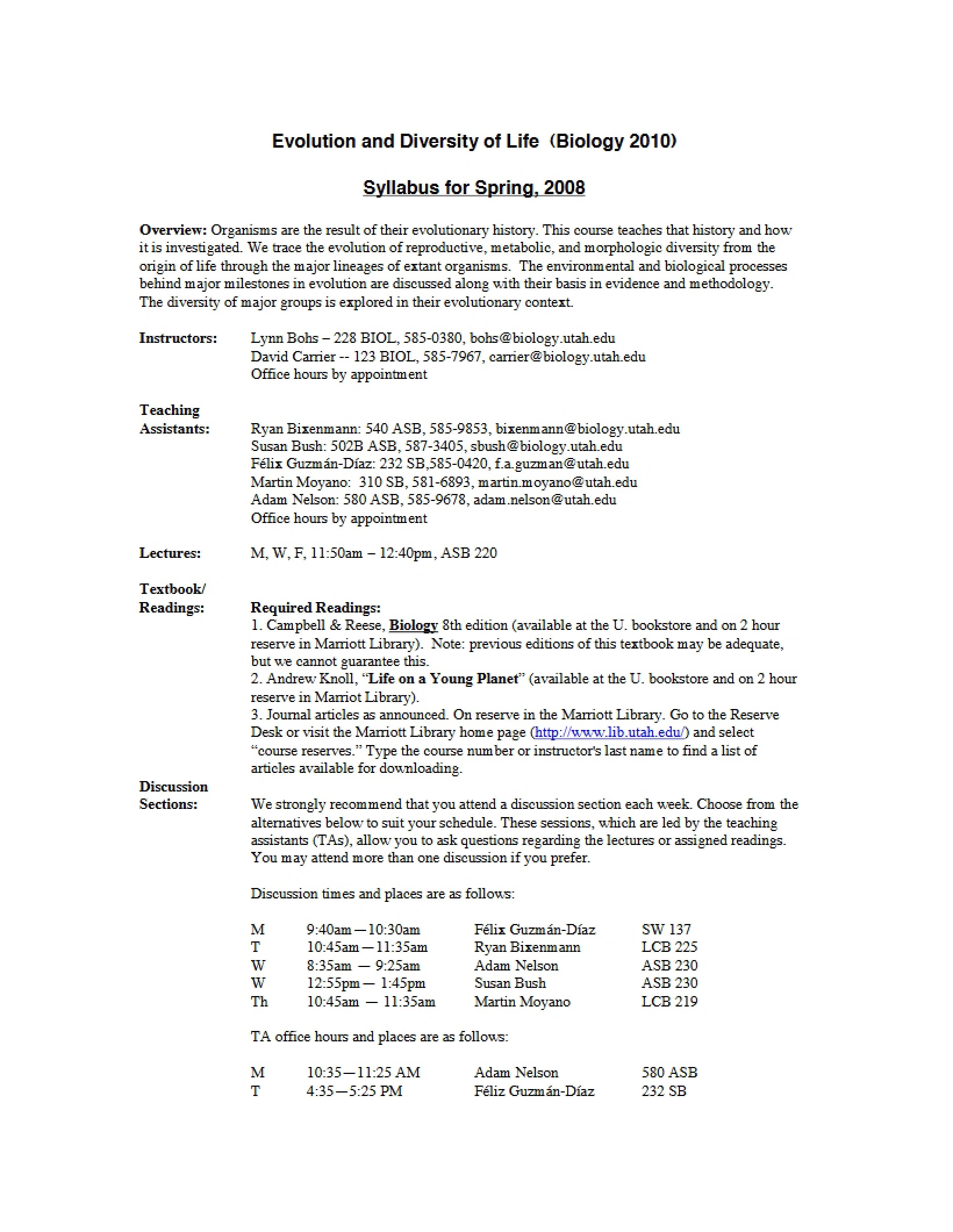 Evolution and Diversity Syllabus