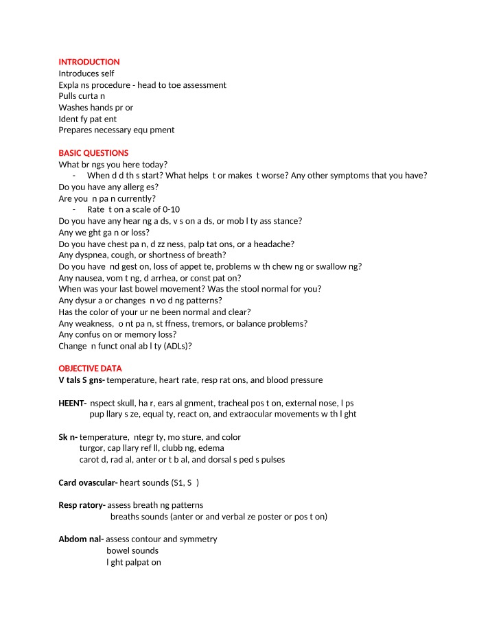 Procedure, Questions, and Objective Data for Head to Toe Assessment