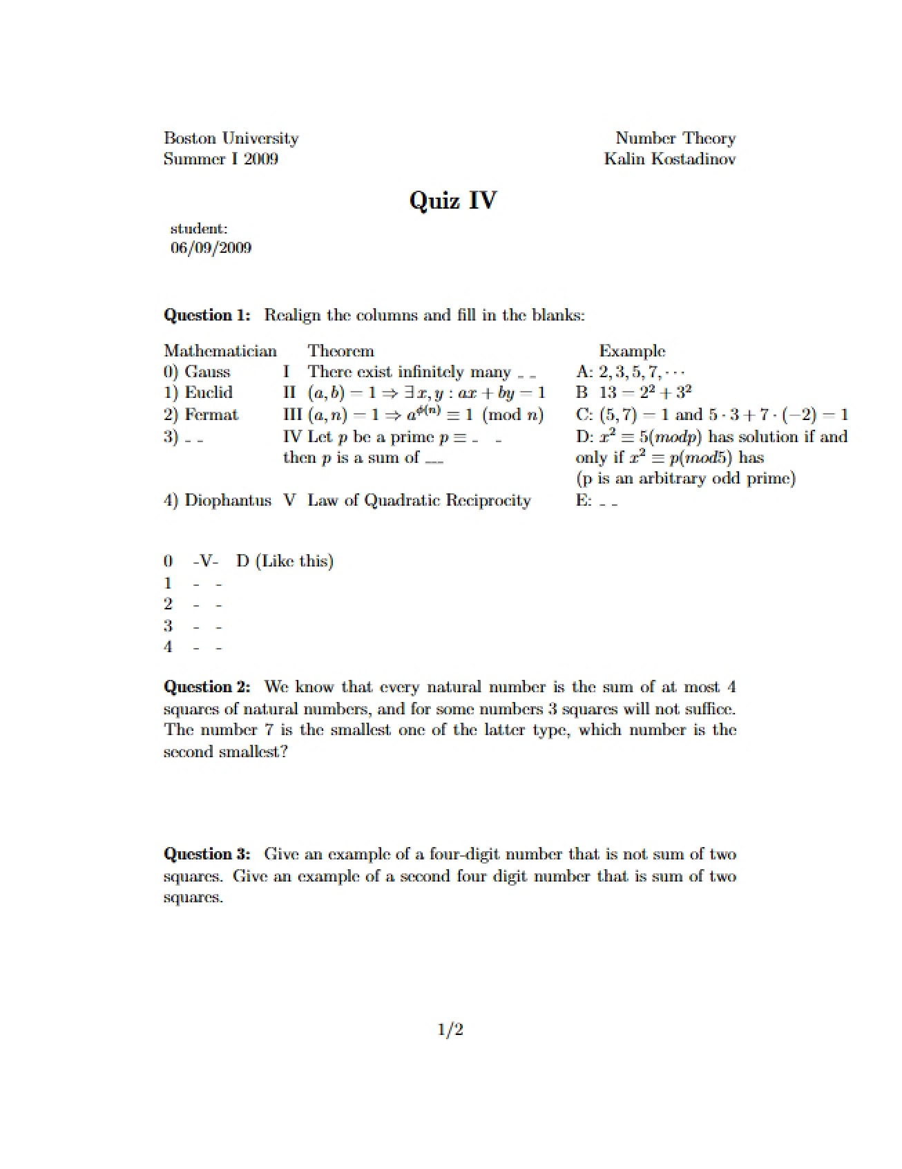 Number Theory Quiz Four