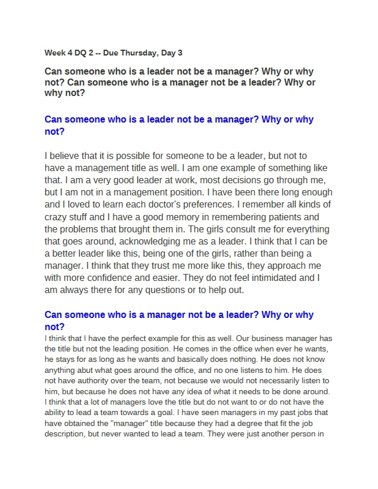 Discussion Question Two for Week Four