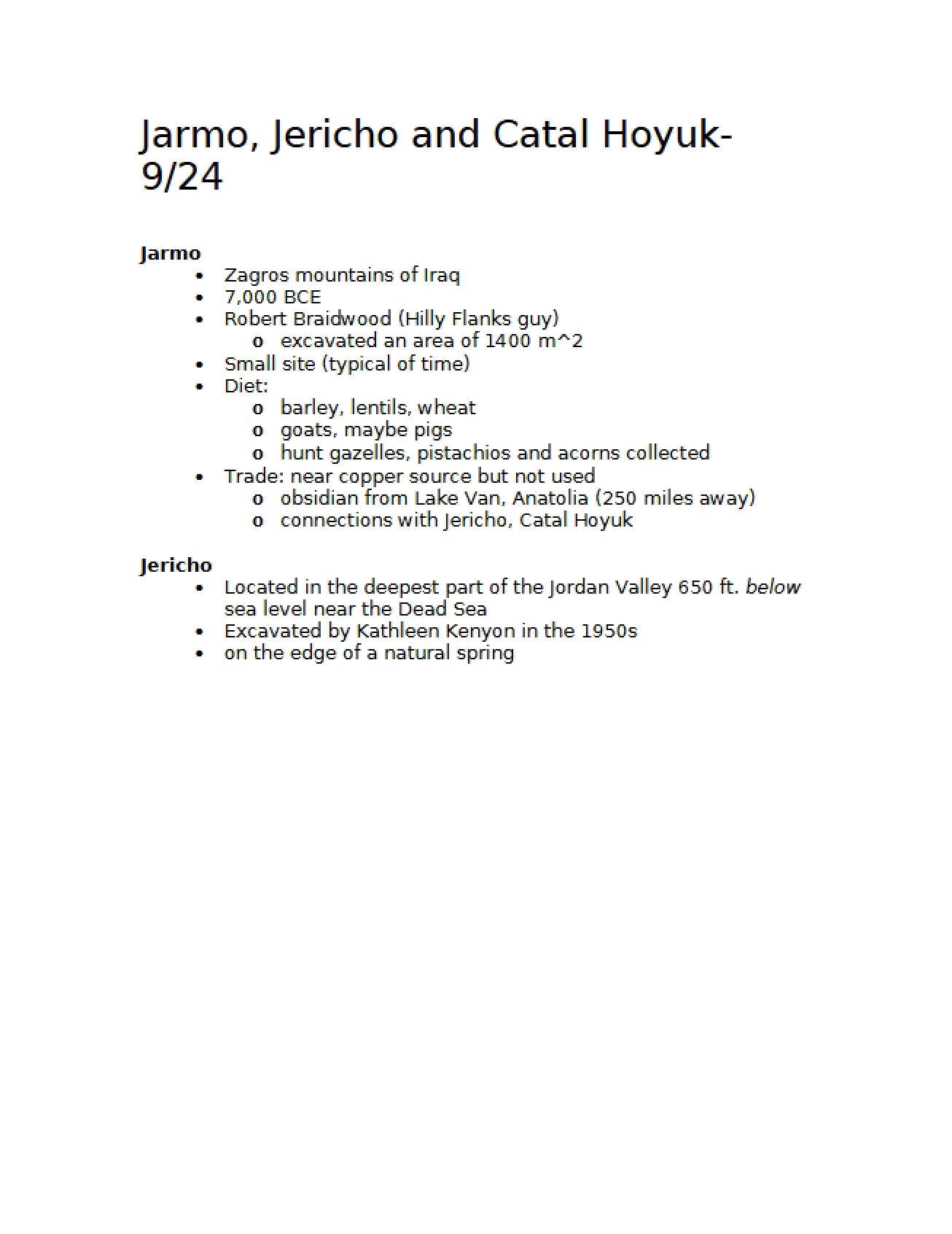 Jericho, Catal Hoyuk, and Jarmo - 4 Pages