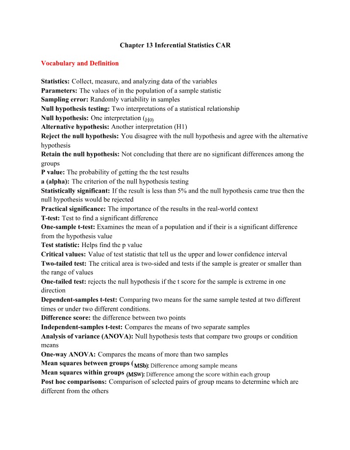 CAR on Inferential Statistics