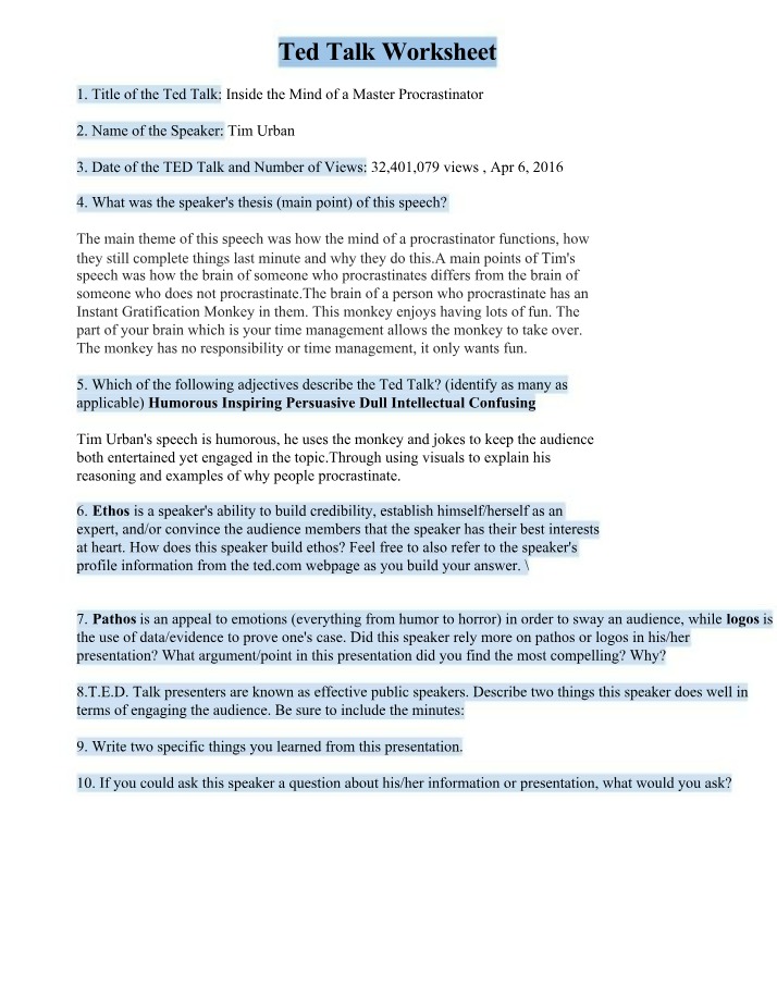 Worksheet on Ted Talk