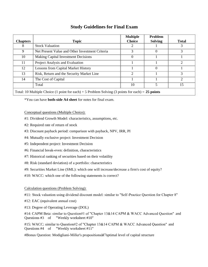 Final Exam - Study Guidelines