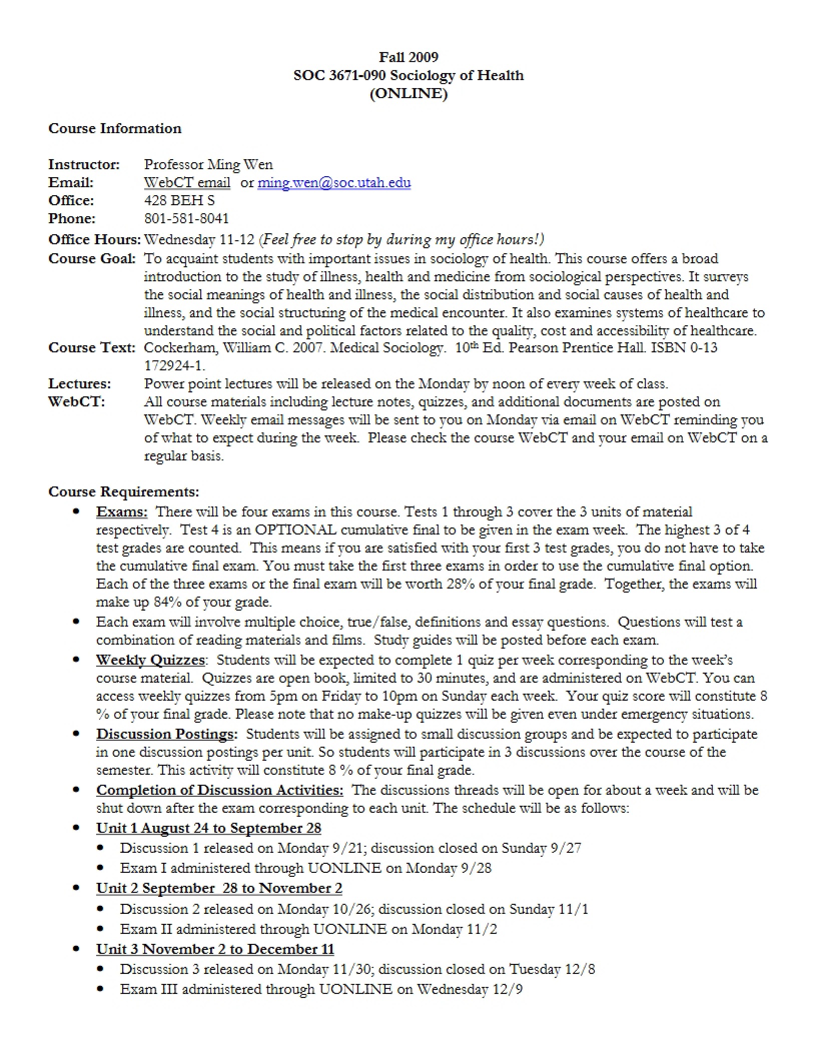 Syllabus for Sociology of Health Course