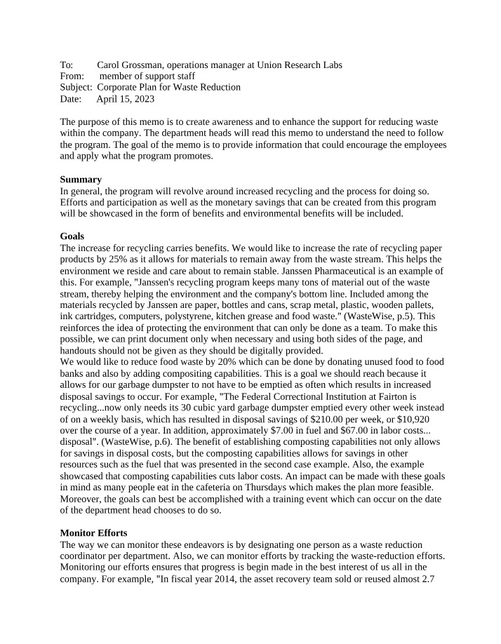 Corporate Plan Memo - Waste Reduction