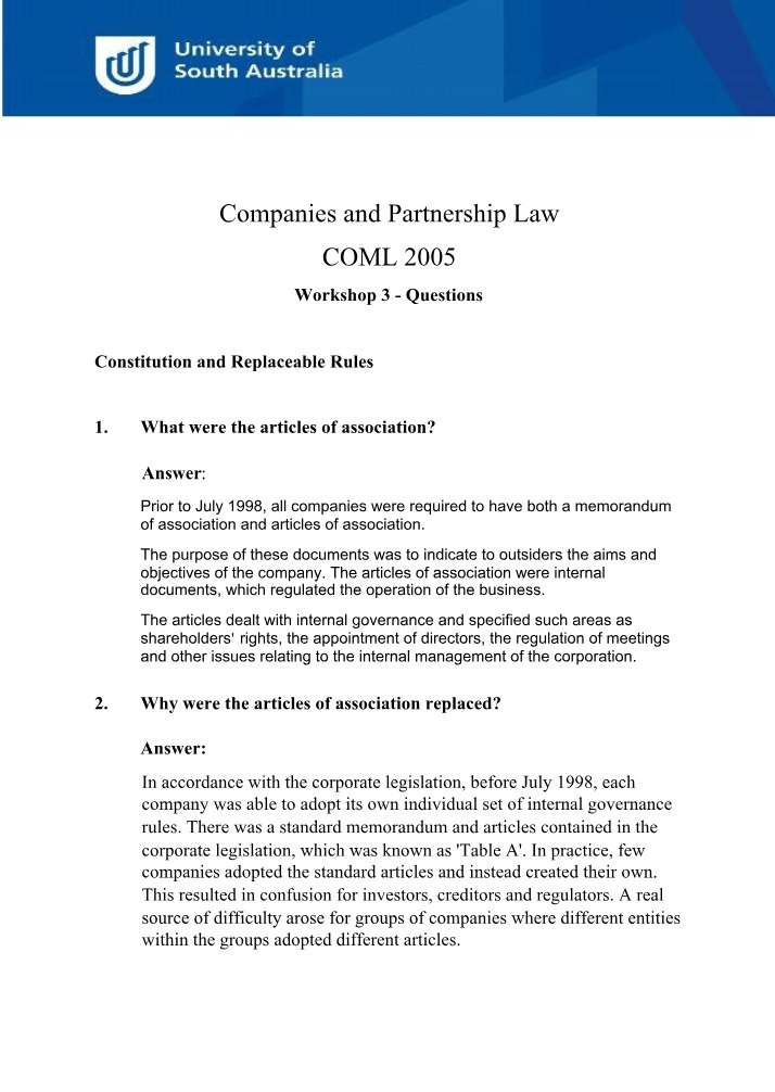 Workshop 3 Answer Guide - Constitution and Replaceable Rules