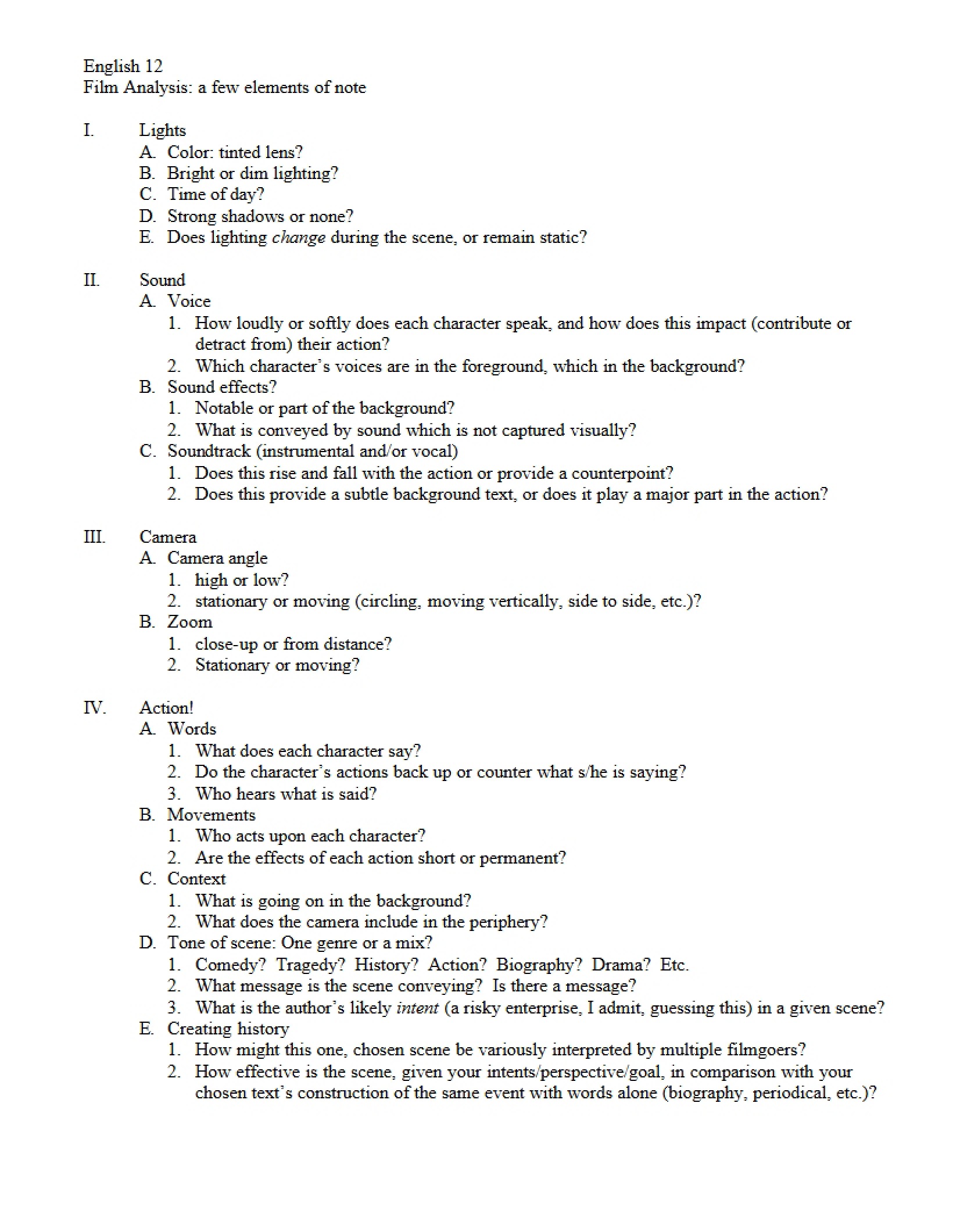 Film Analysis for English 12