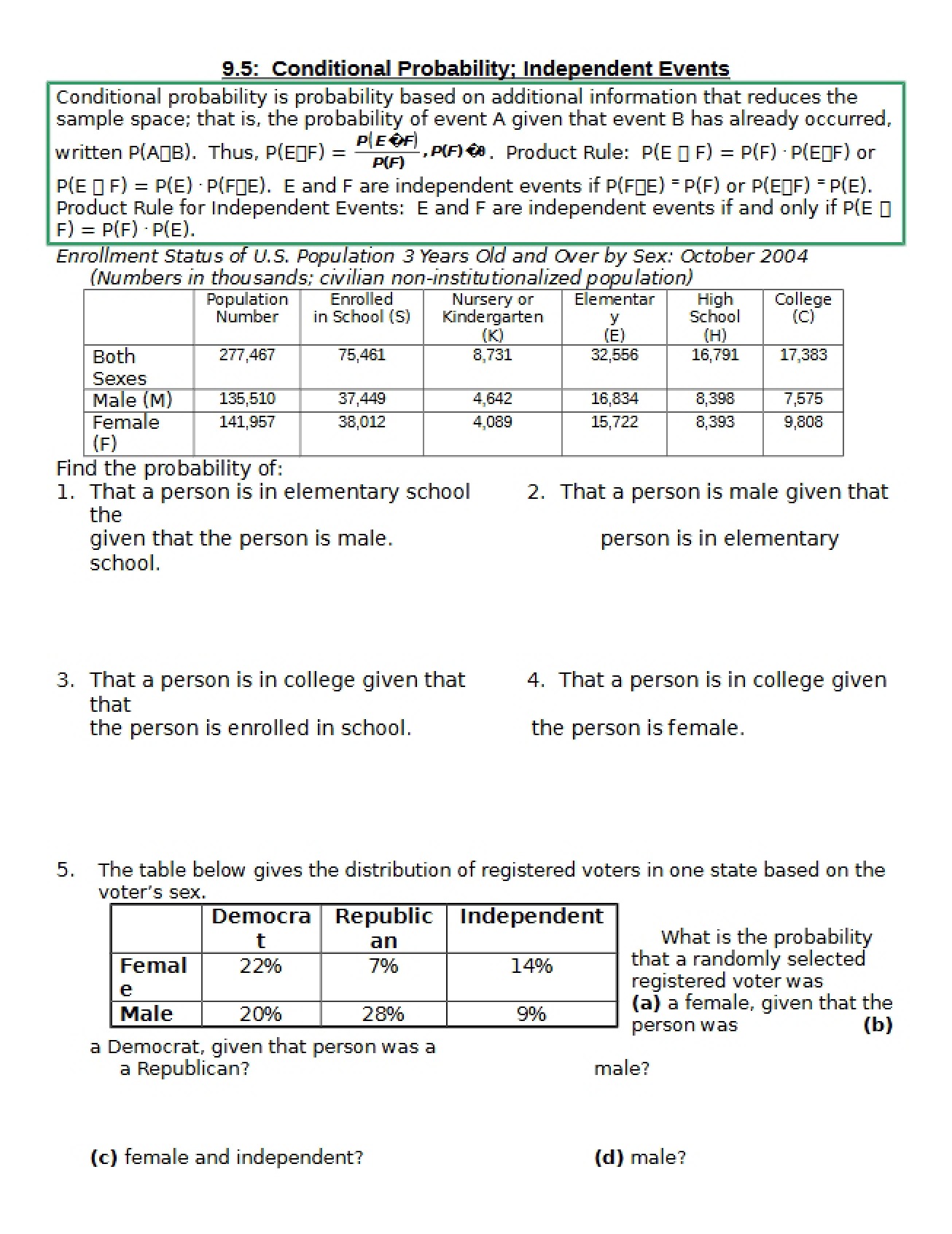 Independent Events and Conditional Probability