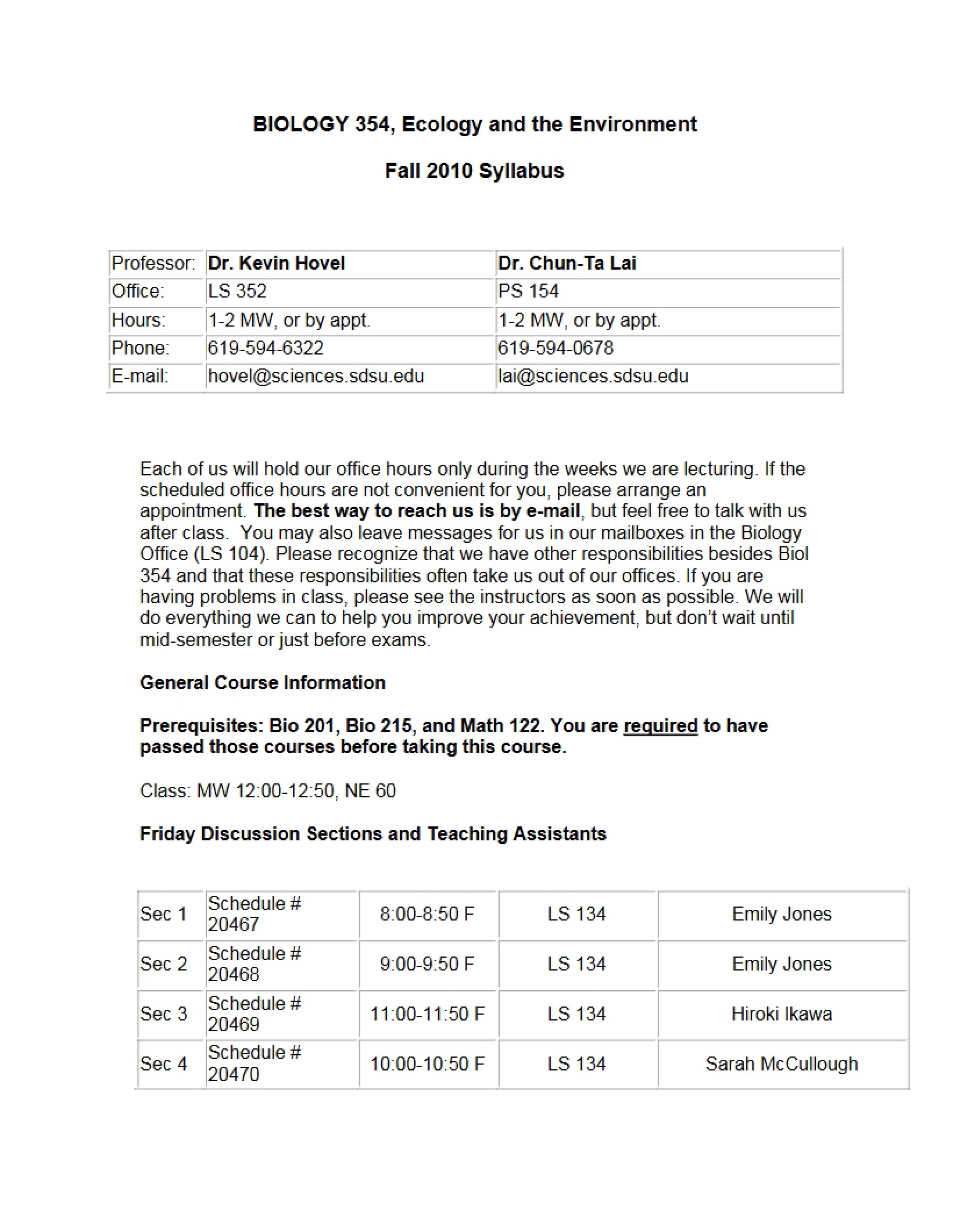 Syllabus Ecology and Environment - BIOL 354