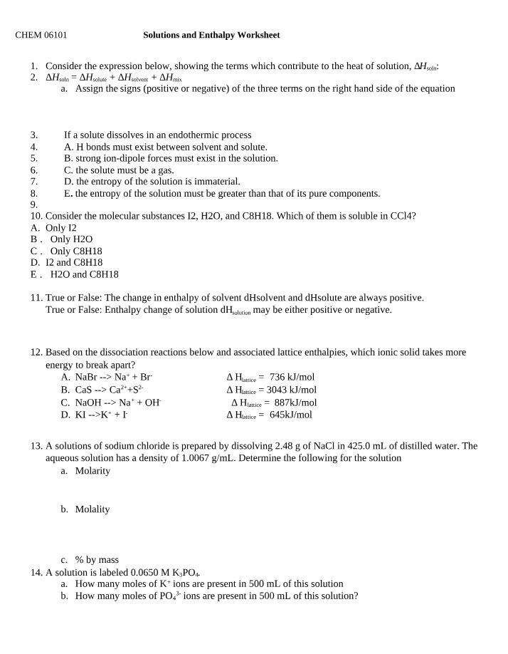 Worksheet for Solutions and Enthalpy