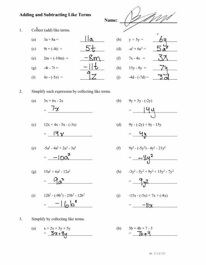 Like Terms - Adding and Subtracting