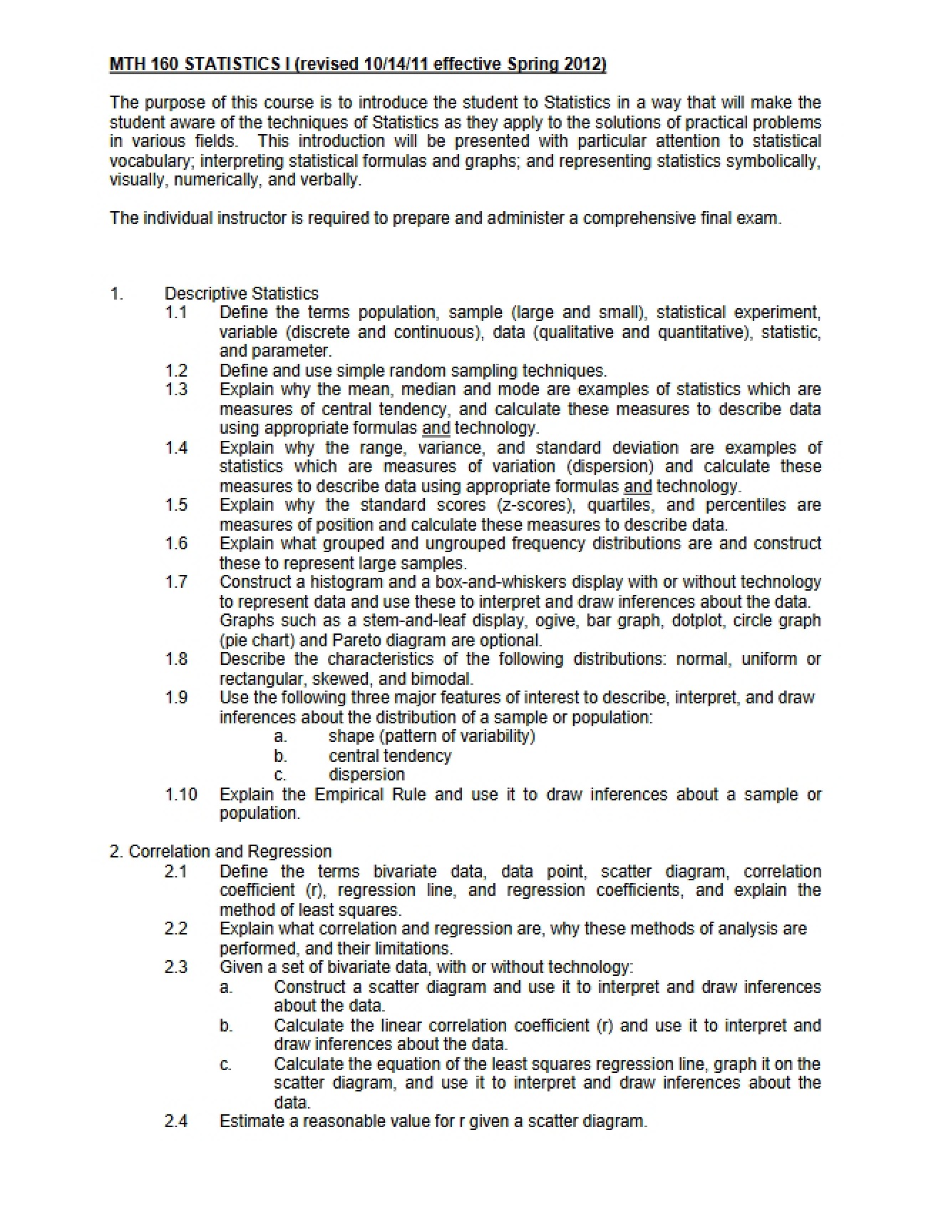 Objectives for Statistics I