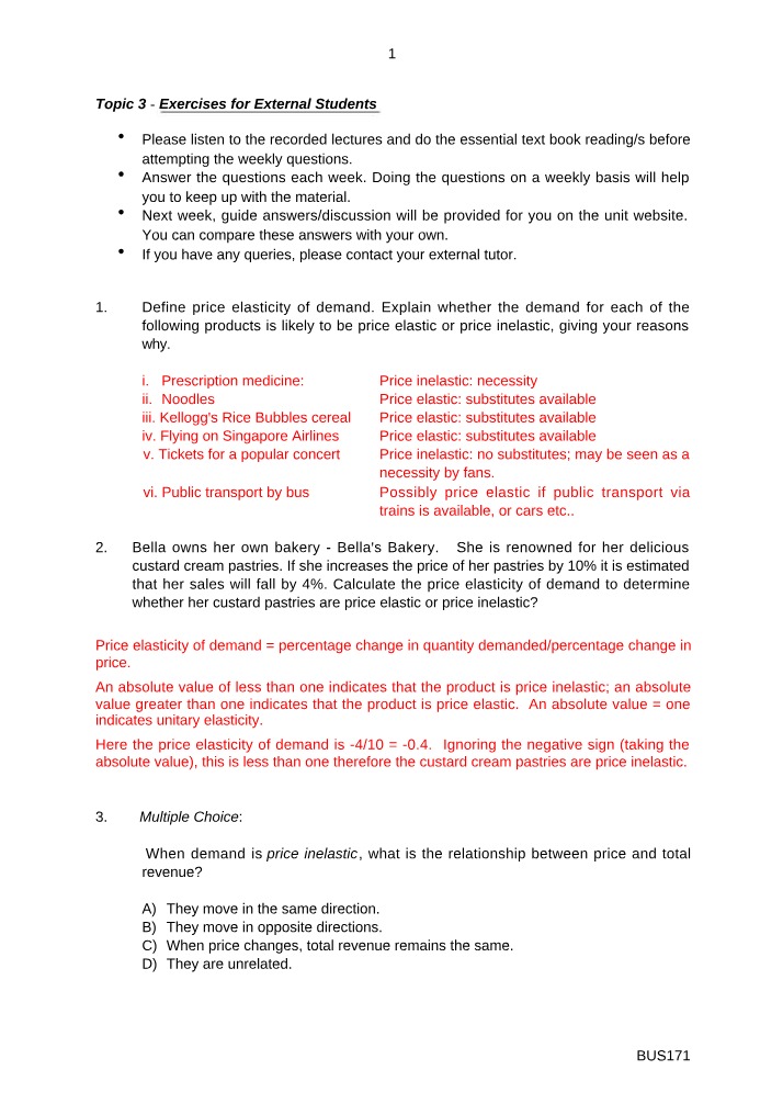Answers for Topic 3 Exercises - BUS171 External Students