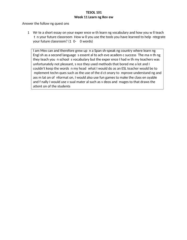 Week 11 Learning Review for TESOL 101