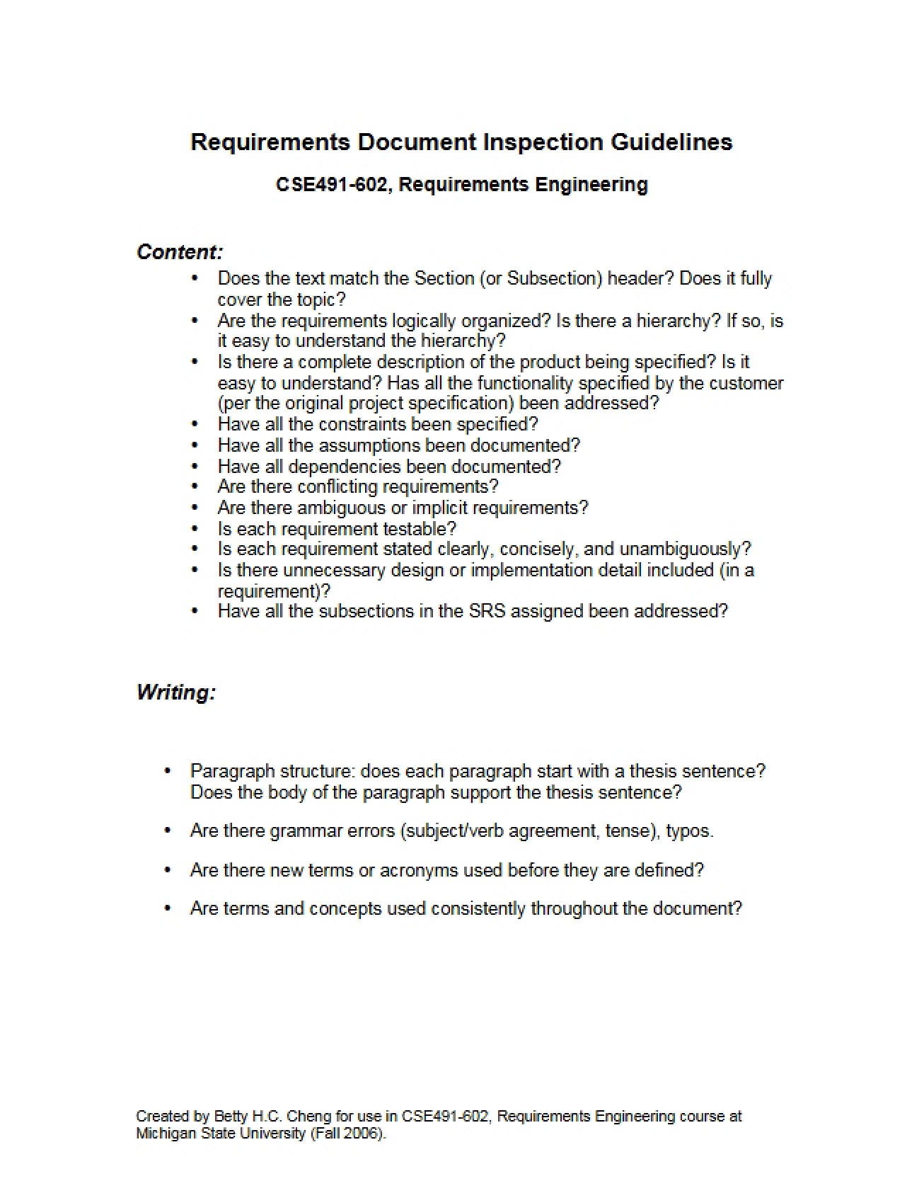 Guidelines for Requirements Document Inspection