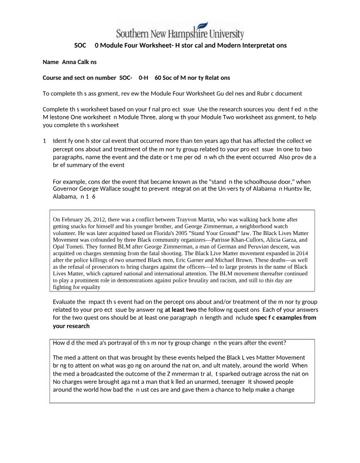 Historical and Modern Interpretations - SOC 330 Module Four Worksheet