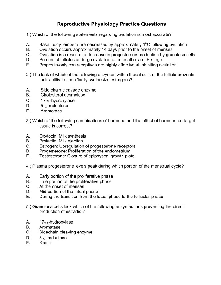 Practice Questions on Reproductive Physiology