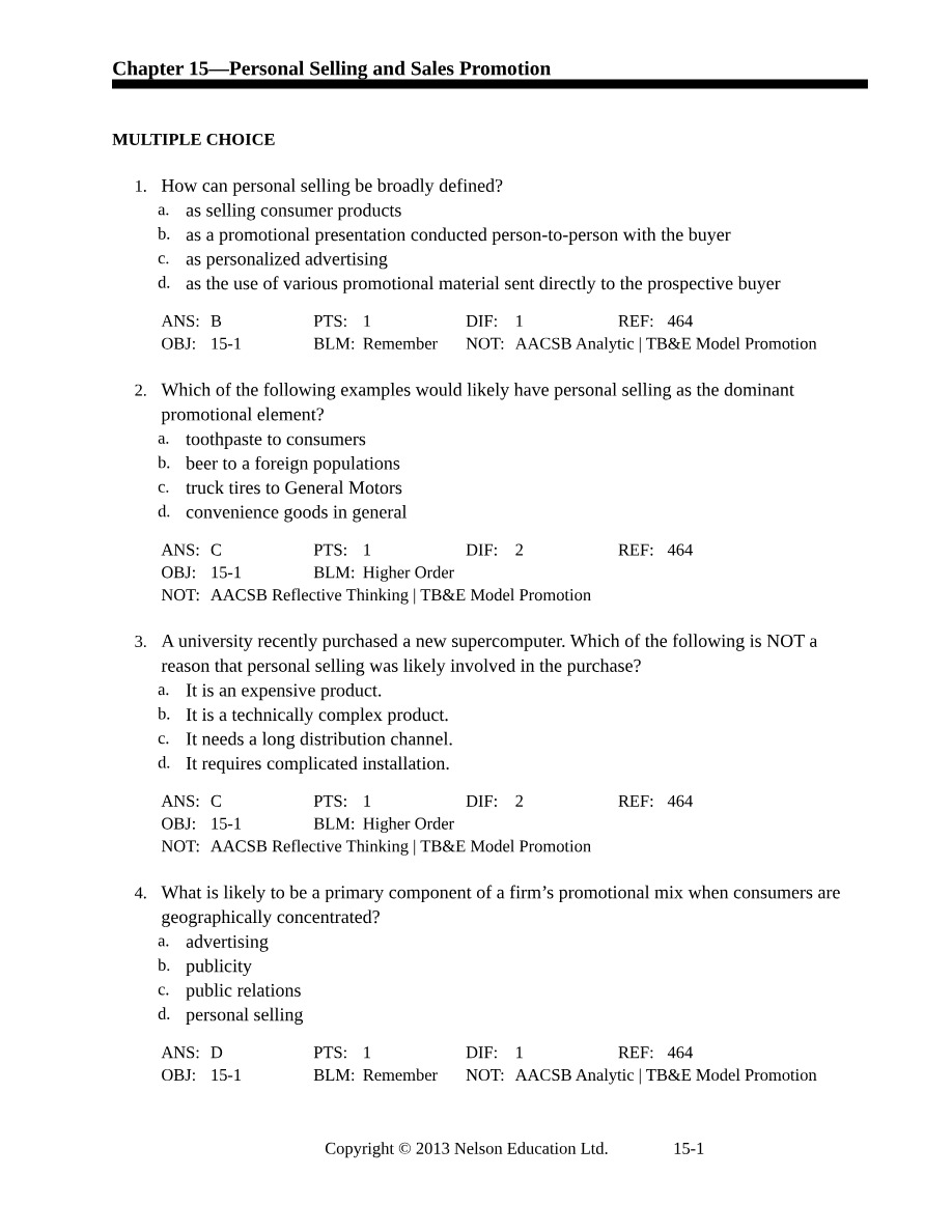 Personal Selling and Sales Promotion (Chapter 15)
