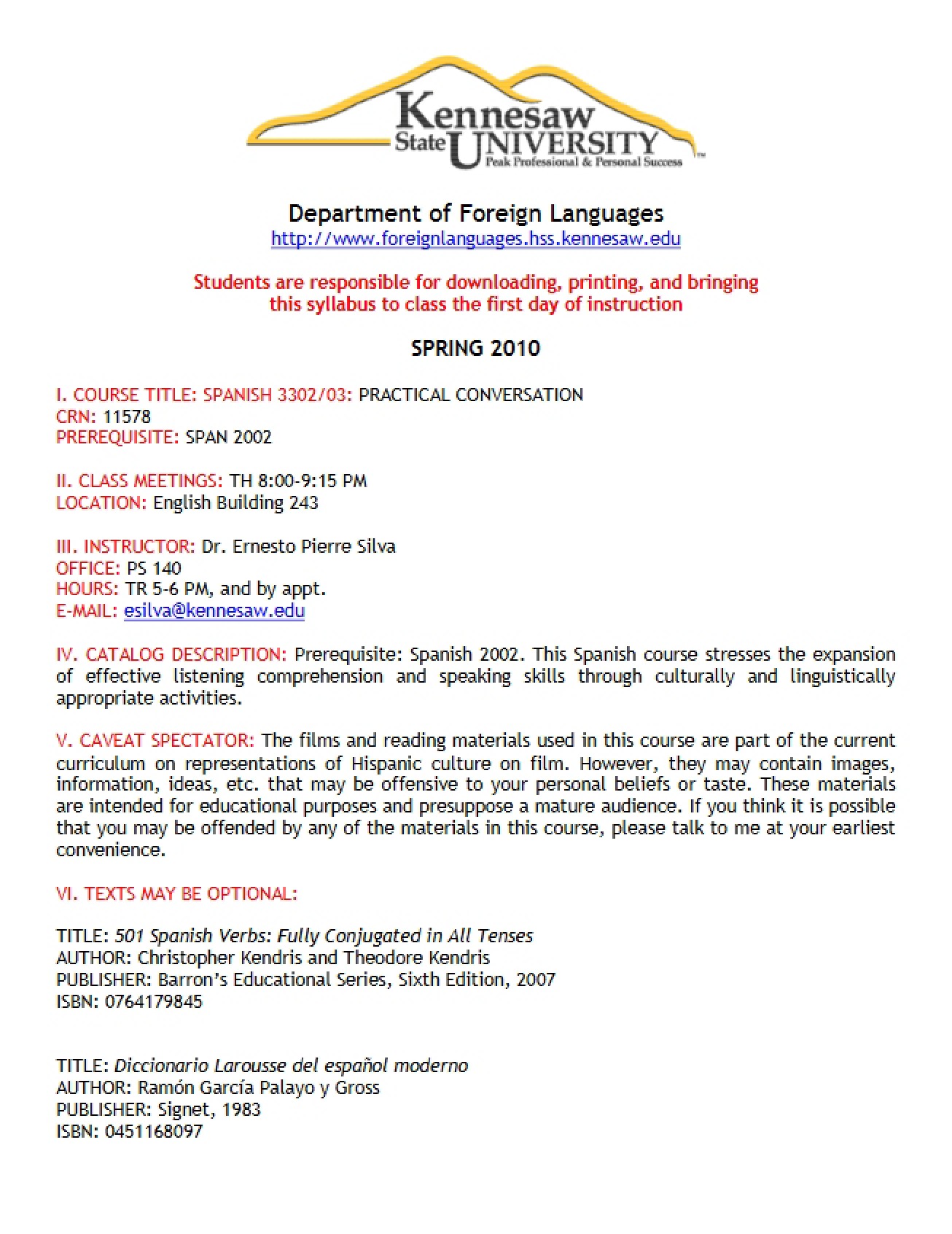Course Syllabus for SPAN 3302