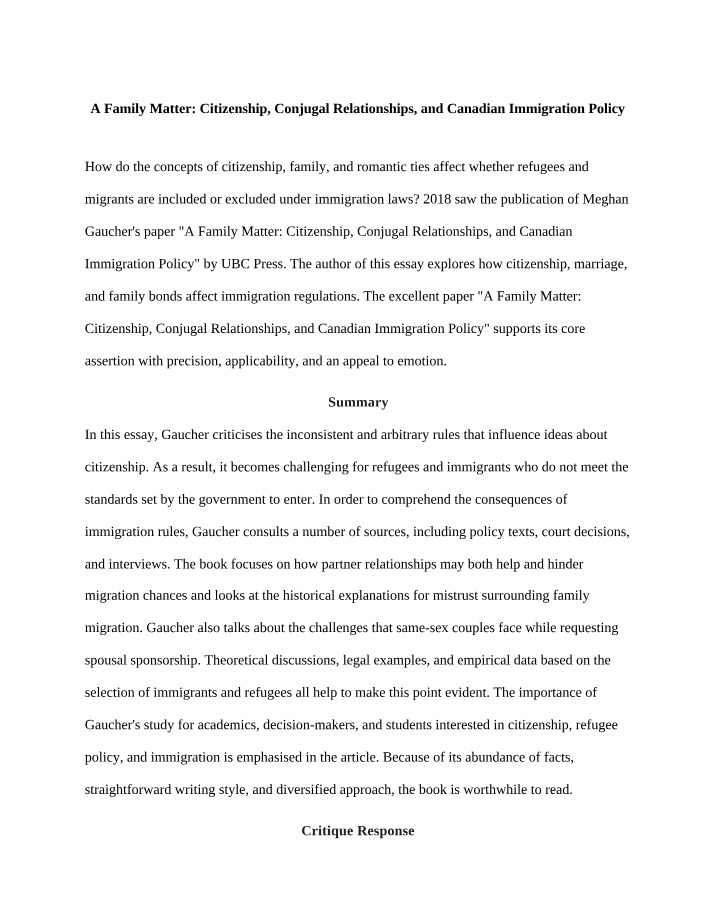 Canadian Immigration Policy and Conjugal Relationships - A Family Matter
