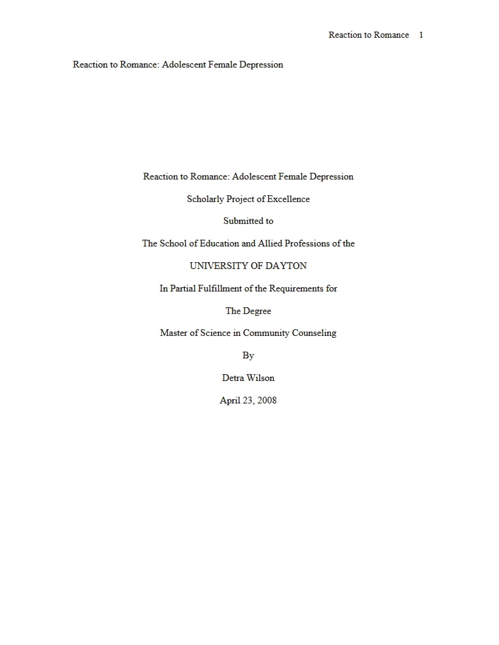 Depression in Adolescent Females Romance Reaction