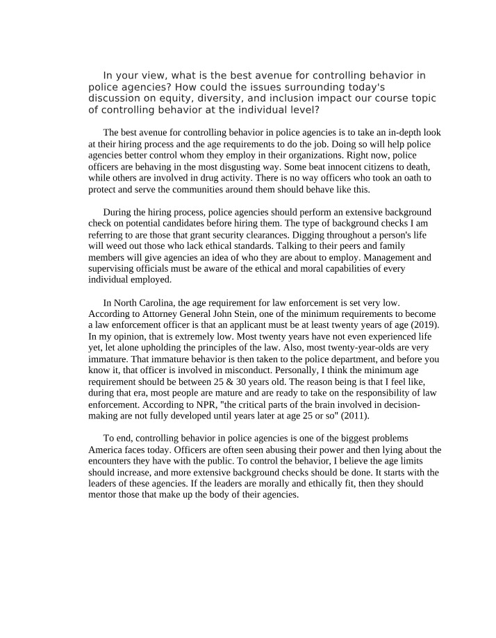 Addressing Hiring and Controlling Behavior in Police Agencies