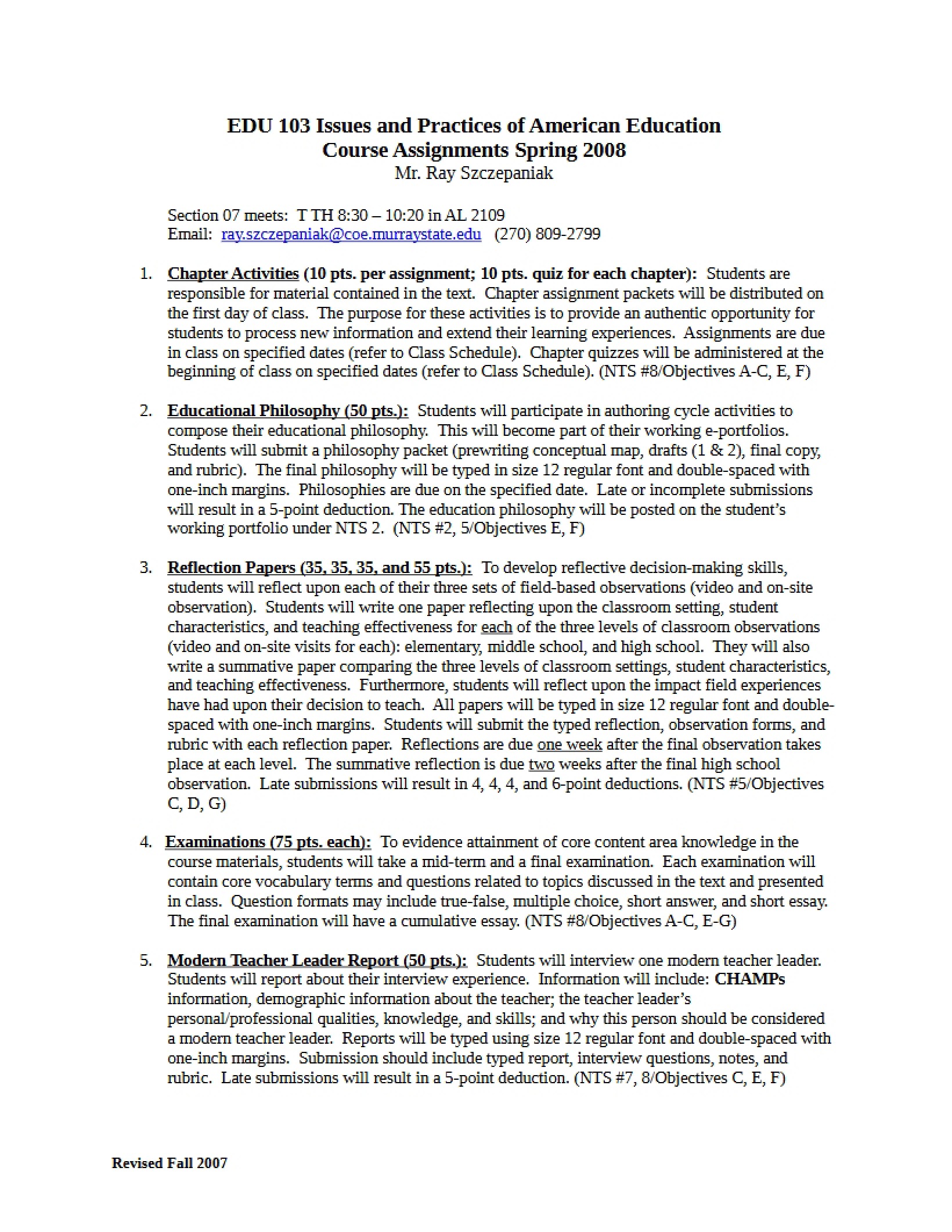 EDU 103 Assignments Fall 2008